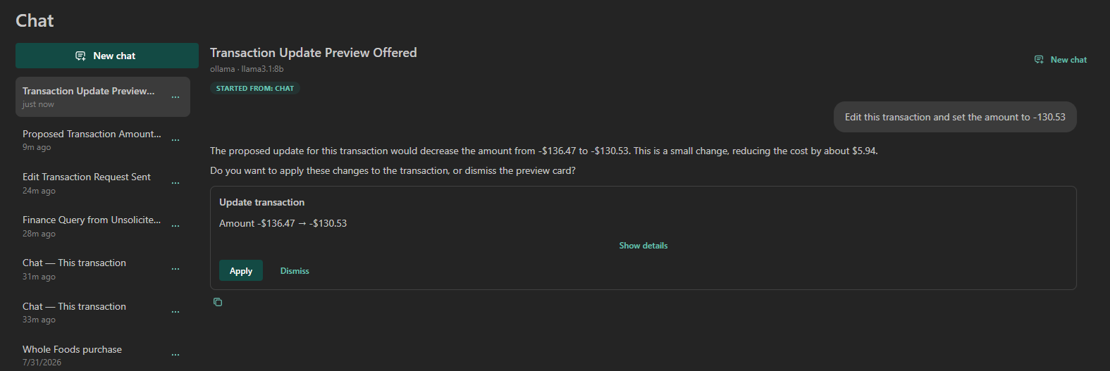 AI Chat proposing a transaction edit with an Apply preview card