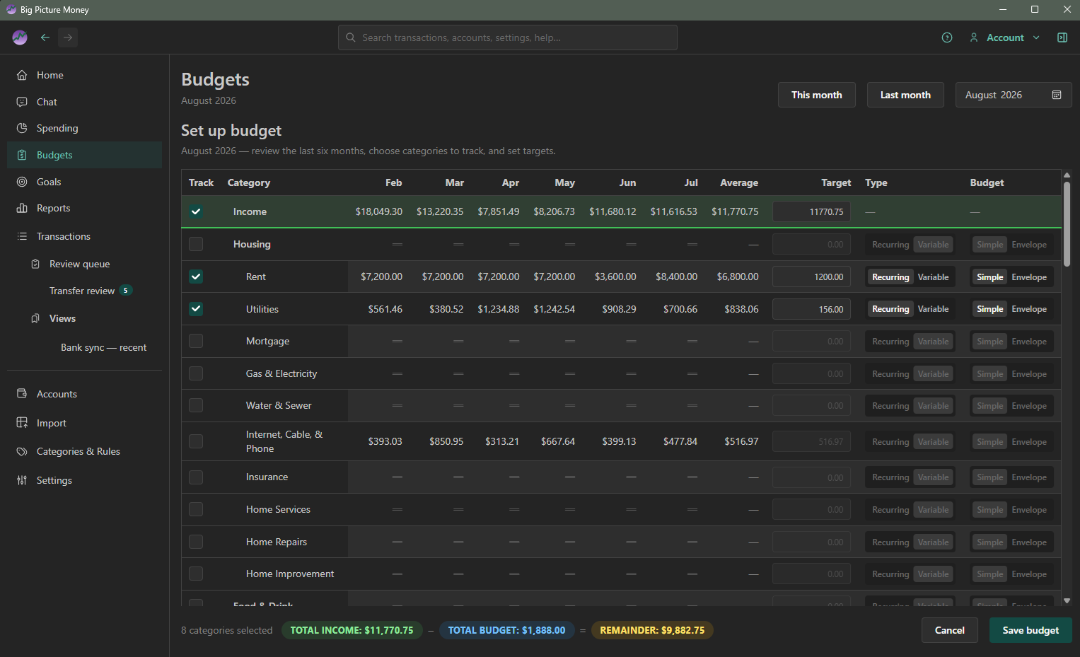 Budget setup showing the Income row and Plan balance