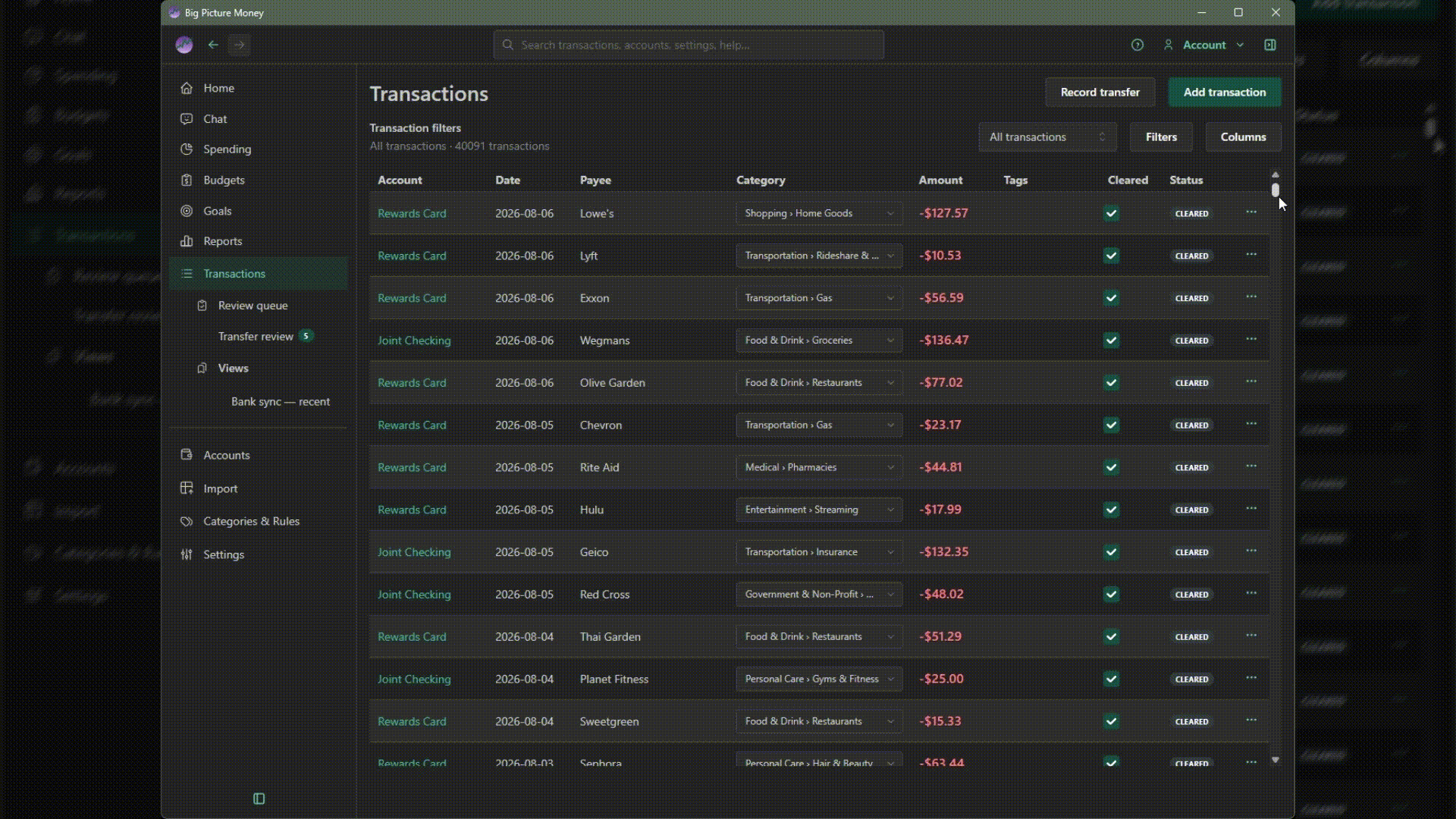 An image of the Big Picture transaction register scrolling to random locations in a 40,000 record dataset in millisconds.
