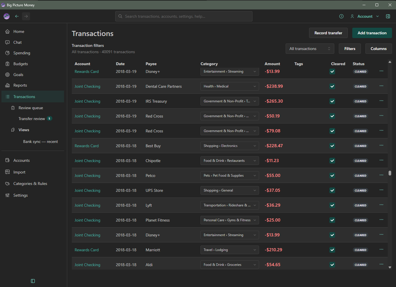 Transaction register mid-scroll with years of varied merchants and dates