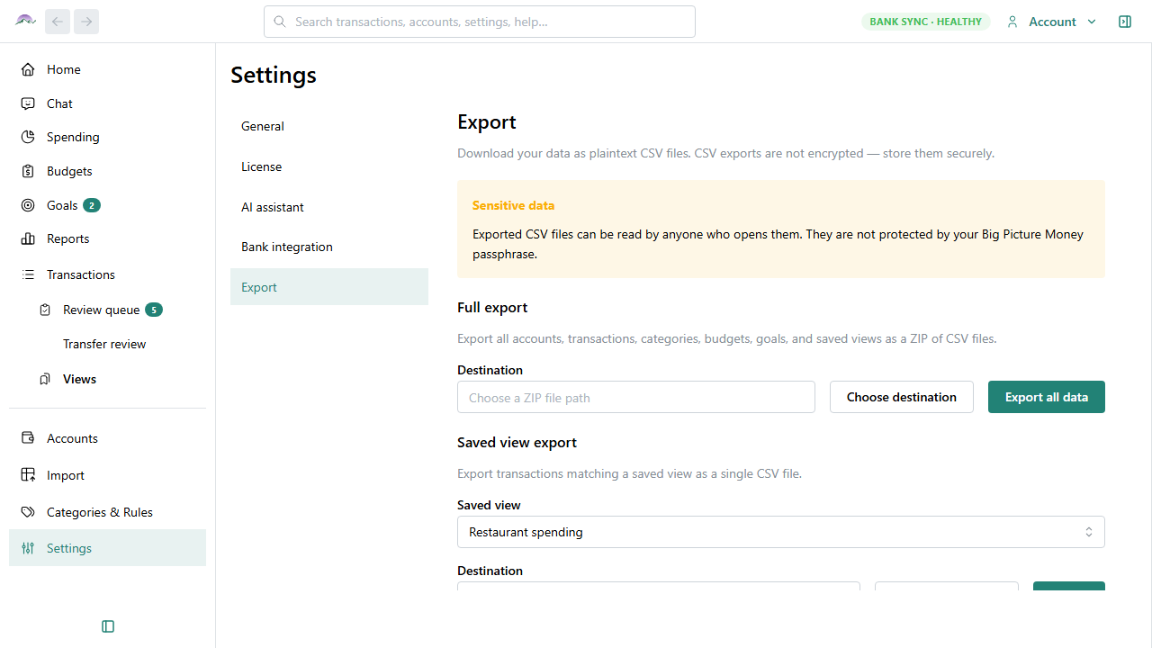 Big Picture Money export settings
