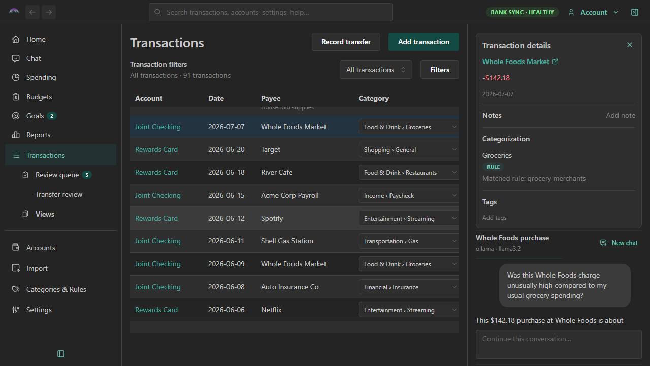 Big Picture Money transaction register with transaction detail and AI chat panel