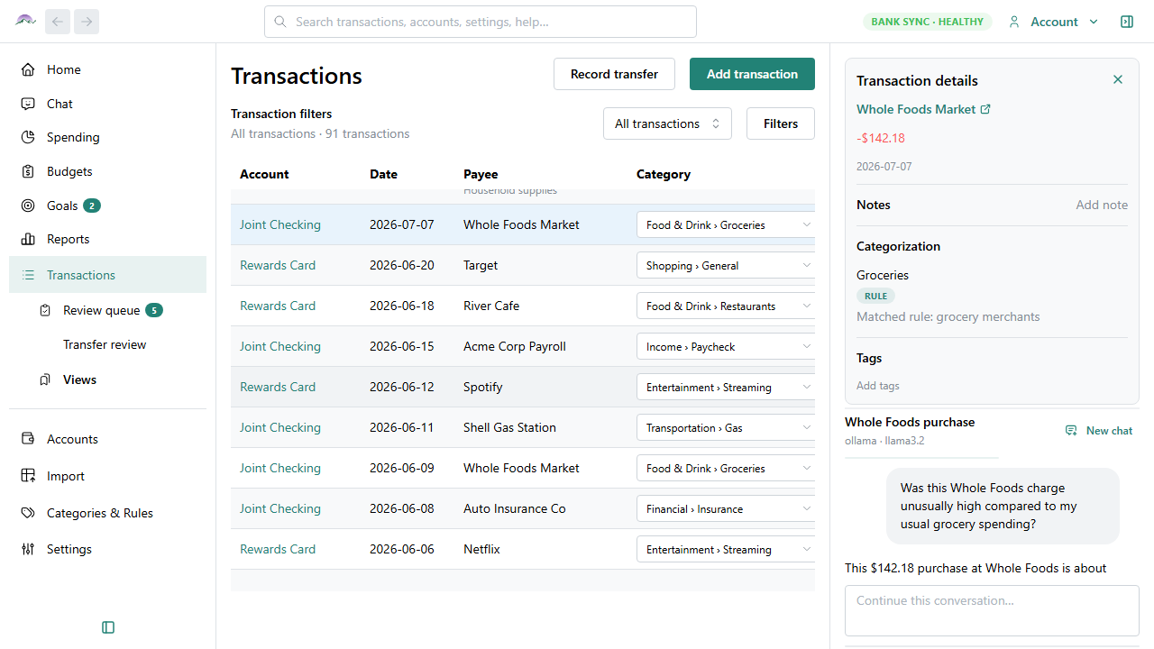 Big Picture Money transaction register with transaction detail and AI chat panel